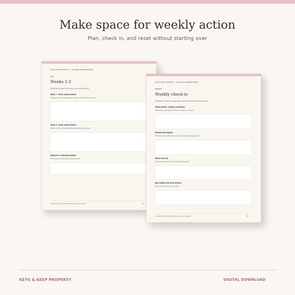 Business reset Weeks 1–2 action worksheet beside a Weekly check-in page with planning and reflection boxes.