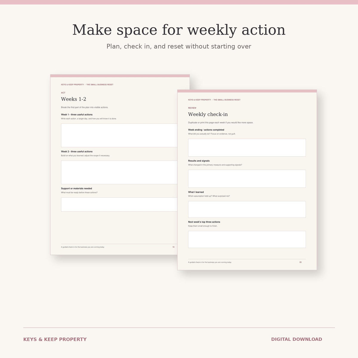 Business reset Weeks 1–2 action worksheet beside a Weekly check-in page with planning and reflection boxes.