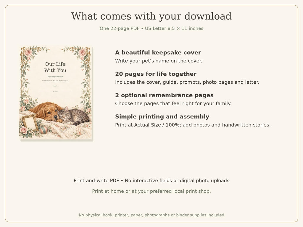 Pet Memory Book Printable | Dog & Cat Keepsake Journal | 22-Page PDF