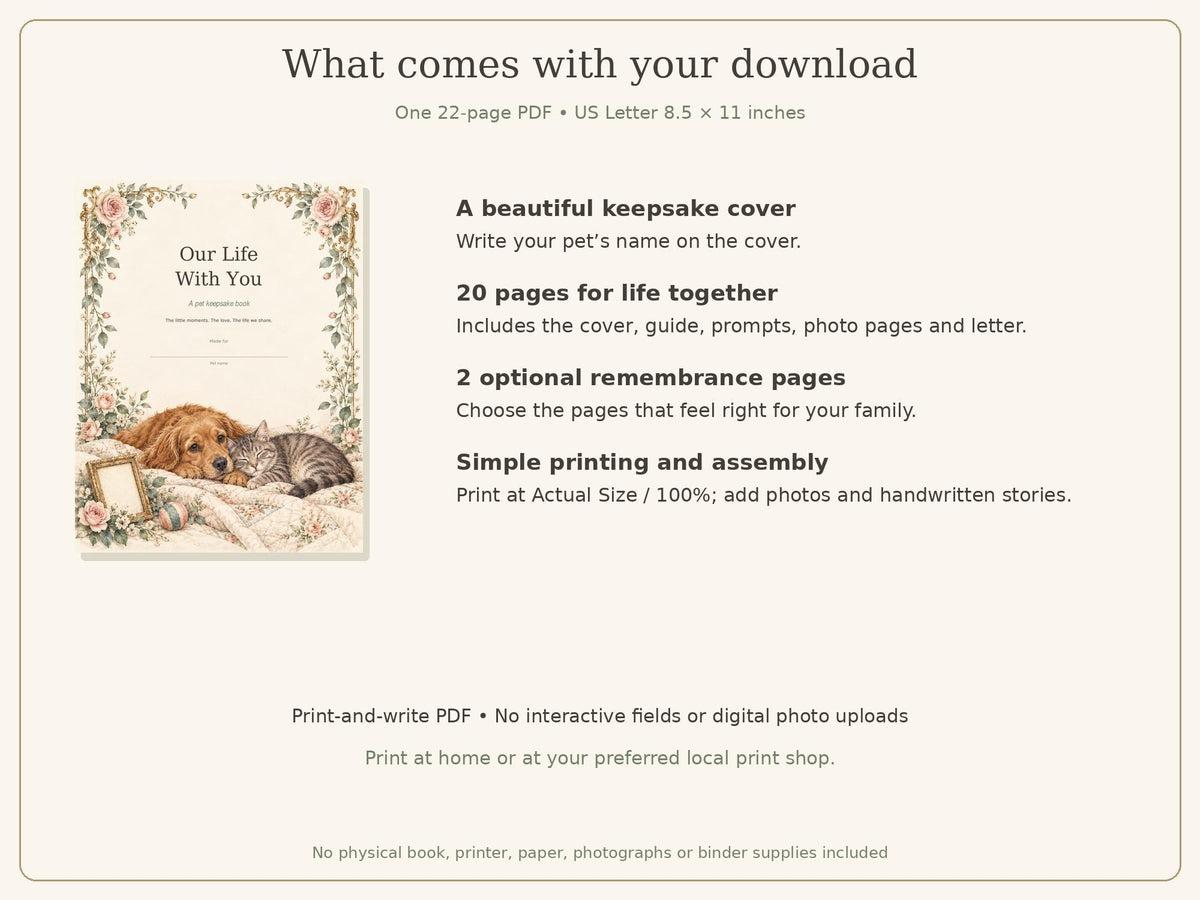 Pet Memory Book Printable | Dog & Cat Keepsake Journal | 22-Page PDF
