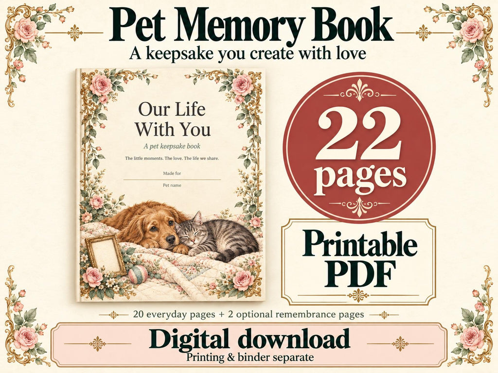 Pet Memory Book Printable | Dog & Cat Keepsake Journal | 22-Page PDF