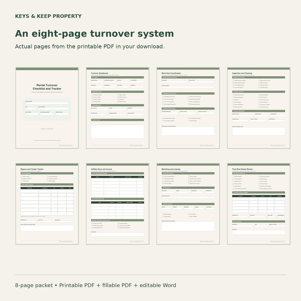 Rental Turnover Checklist & Tracker – Editable Word, Fillable PDFs (8-Page Packet)