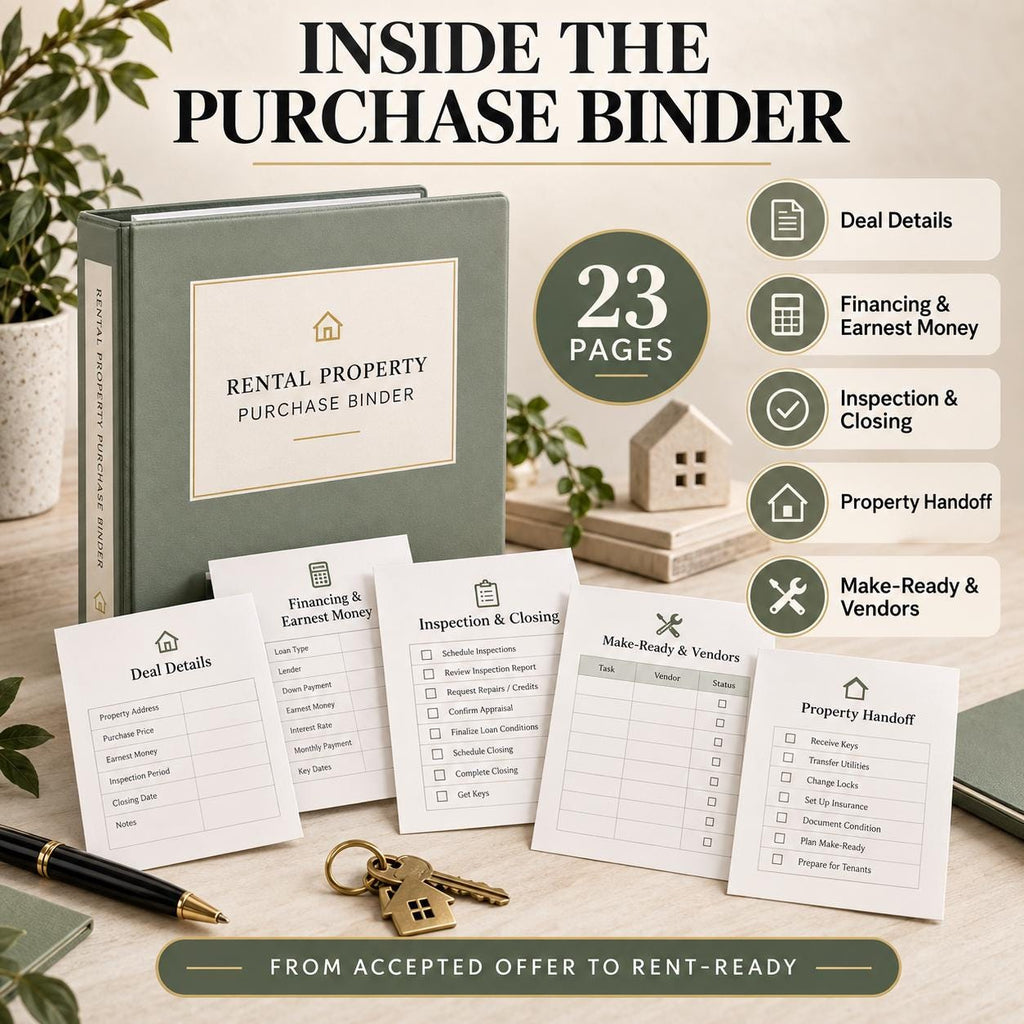 Green purchase-binder mockup with deal, financing, inspection, make-ready, and property-handoff worksheet previews.