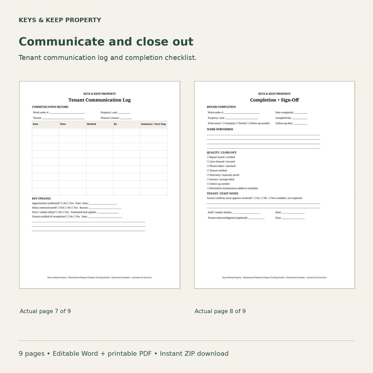 Landlord Maintenance Packet | 9-Page Repair & Vendor Tracker, Editable Word + Printable PDF