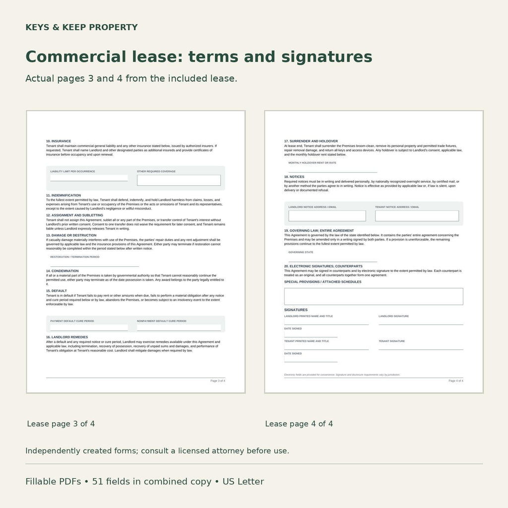 Commercial Lease Agreement + Personal Guaranty Bundle (Fillable PDF)