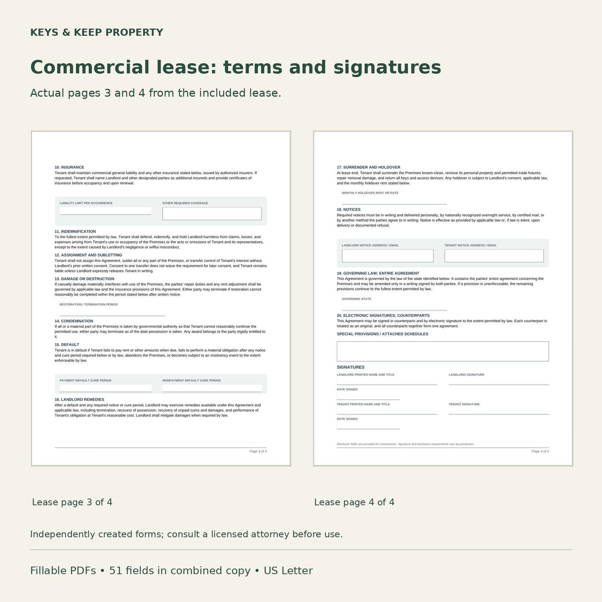 Commercial Lease Agreement + Personal Guaranty Bundle (Fillable PDF)