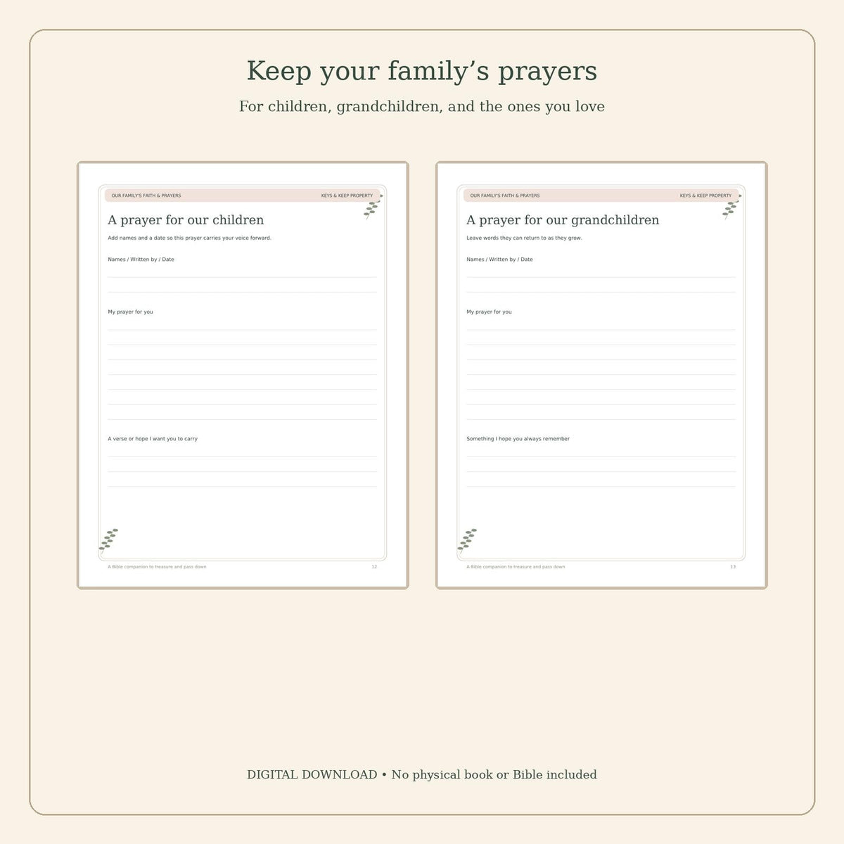 Family Faith and Prayer Keepsake Journal | Victorian Bible Companion | 26-Page Printable and Fillable PDF