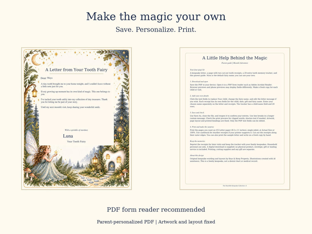 Tooth Fairy Letter and Receipt Printable | Editable PDF + Lost Tooth Tracker | Moonlit Adventure