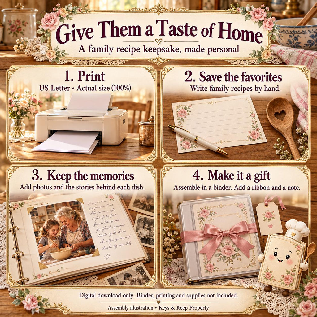 Four-panel recipe keepsake gift guide showing printing, handwritten recipes, family photos, and ribbon-wrapped binder.