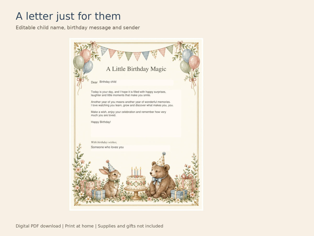 Birthday Letter Printable Kit | Editable PDF, Certificate, Door Hanger and Postcard | Storybook Celebration