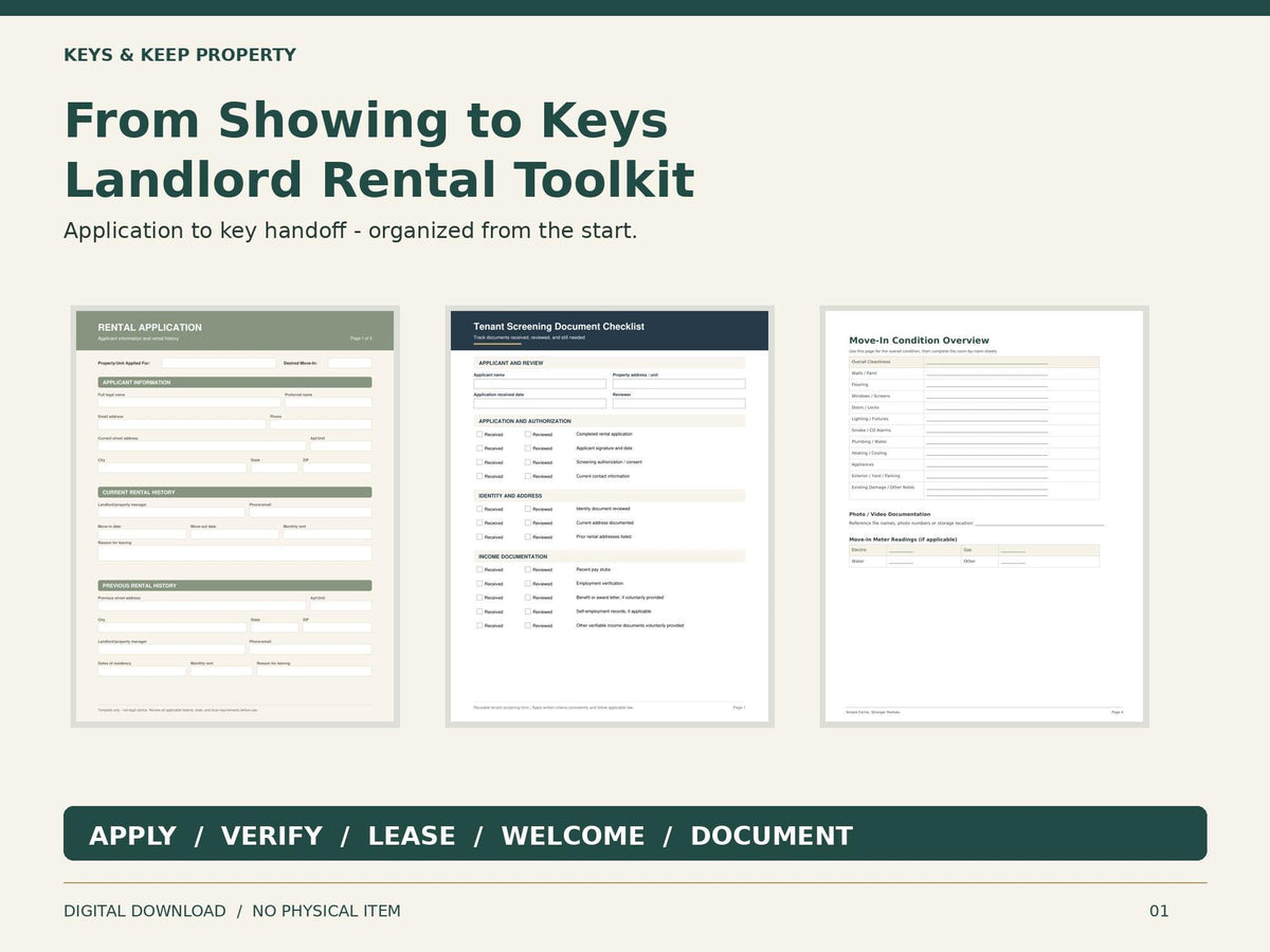 Landlord Rental Toolkit | Application, Screening, Lease, Tenant Welcome and Move-In PDF Forms