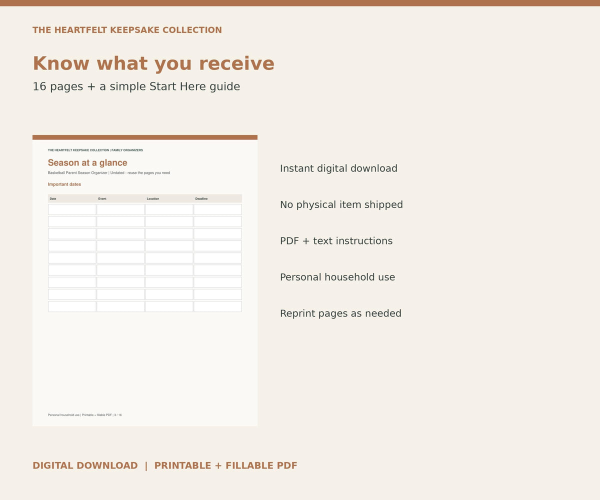 Basketball Parent Season Organizer | Printable and Fillable PDF, Games, Rides, Food and Jerseys