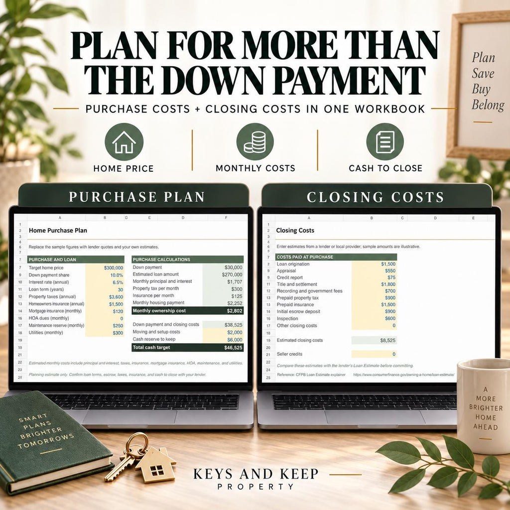 First-Time Home Buyer Budget Planner | Excel & Google Sheets | Closing Costs and Down Payment Savings Tracker