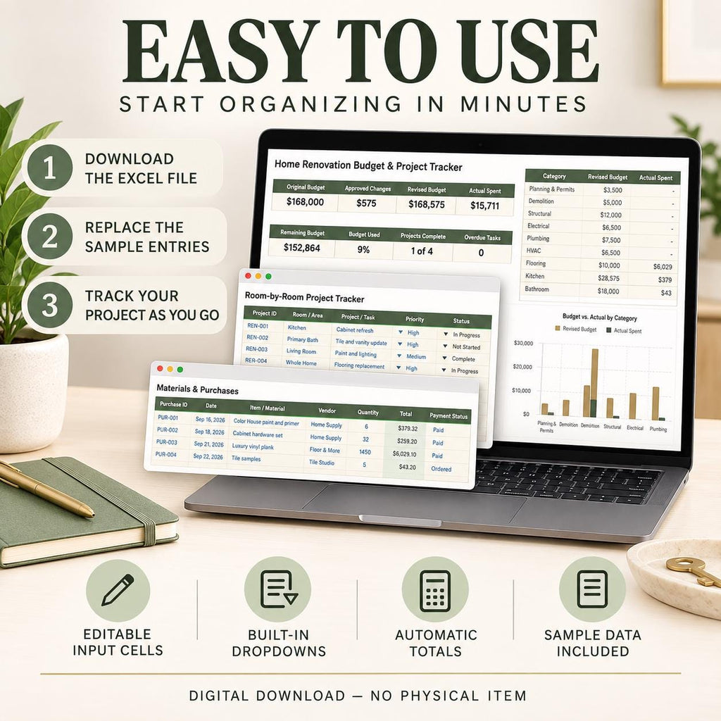 Home Renovation Budget Tracker | Excel & Google Sheets | Project, Contractor and Quote Spreadsheet