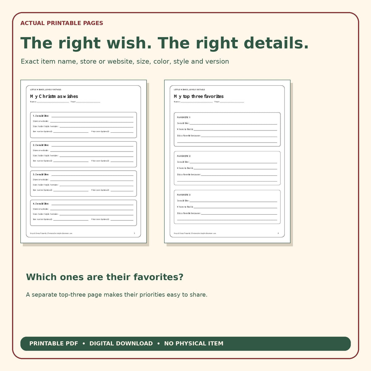 Kids Christmas Wish List Printable | What I Want and Where to Find It, Top 3 Favorites and Drawing Pages | 6-Page PDF