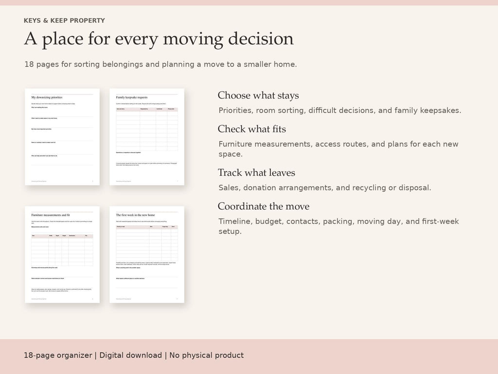 Downsizing organizer overview with priorities, keepsake, furniture, and first-week pages beside four planning themes.