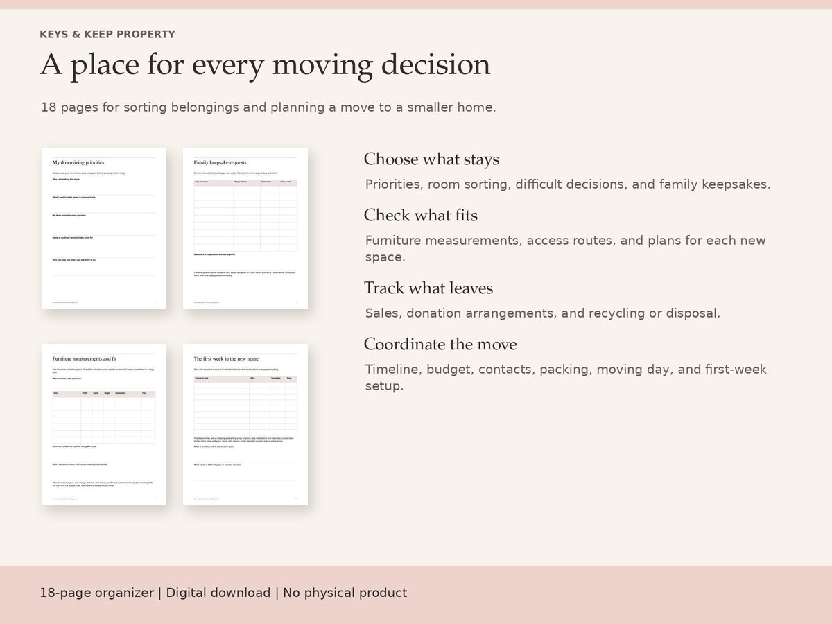 Moving Planner and Downsizing Organizer | Packing Checklist, Moving Budget | 18-Page Fillable PDF + Editable Word
