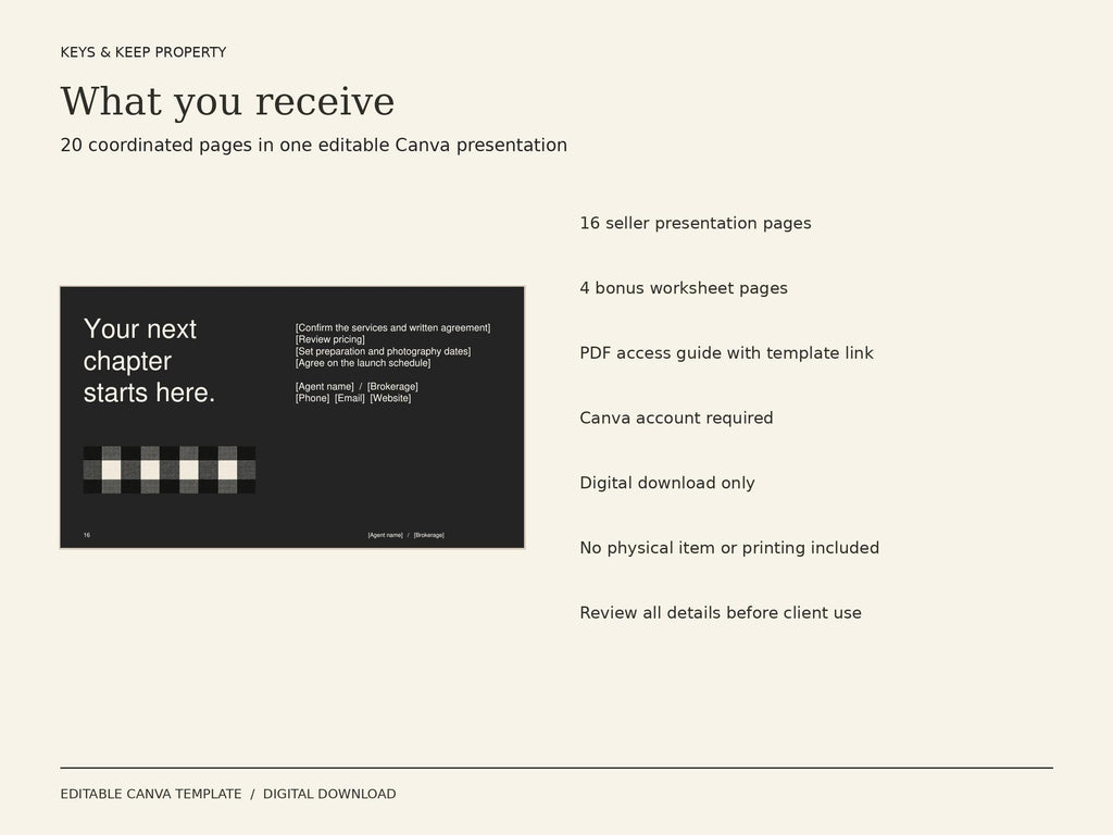 Black Buffalo Listing Kit contents graphic beside a dark closing slide reading Your next chapter starts here.