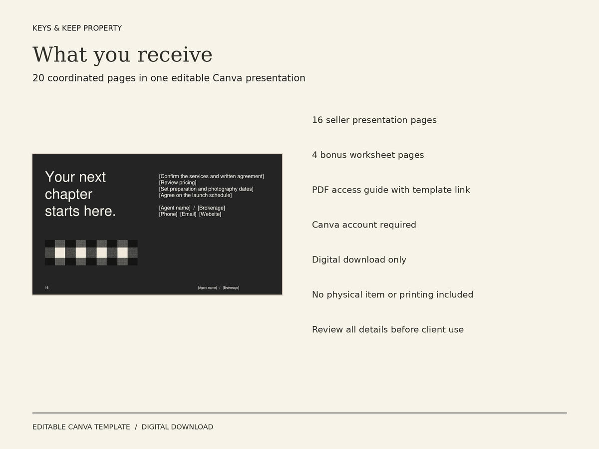 Black Buffalo Listing Kit contents graphic beside a dark closing slide reading Your next chapter starts here.
