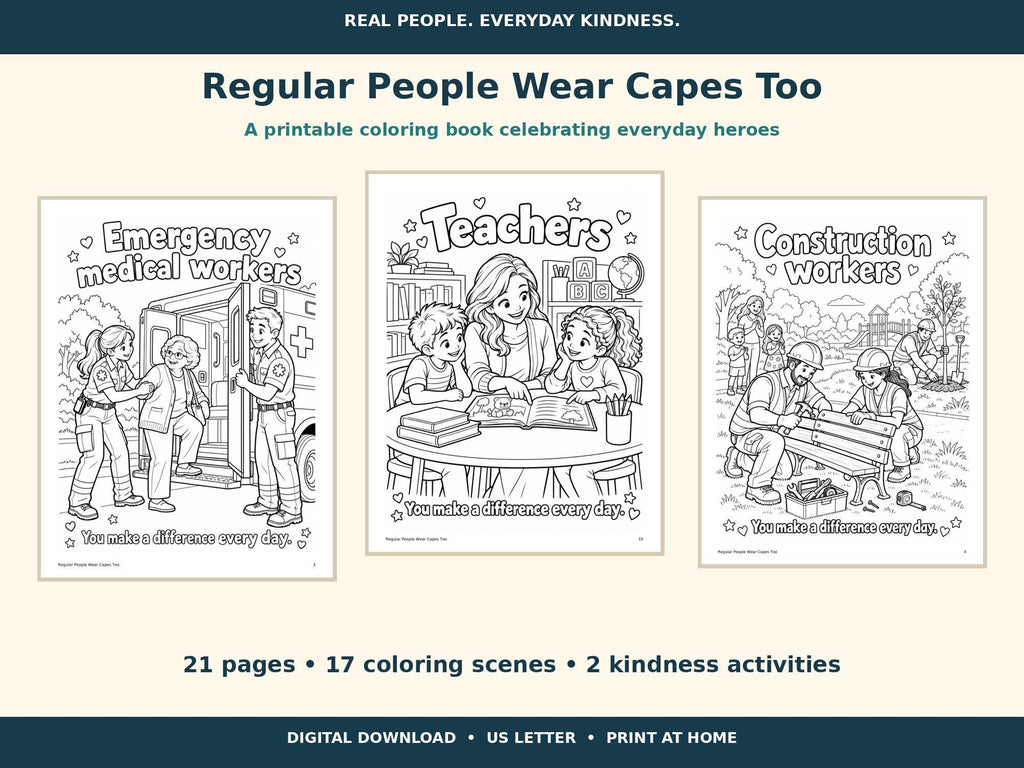 Community Helpers Coloring Book for Kids, Everyday Heroes Printable, Kindness Activities, Teacher Classroom PDF, 21 Pages