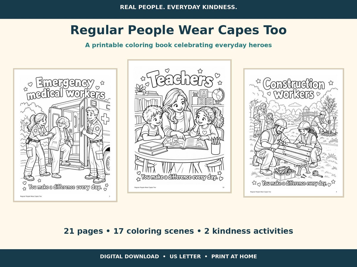 Community Helpers Coloring Book for Kids, Everyday Heroes Printable, Kindness Activities, Teacher Classroom PDF, 21 Pages