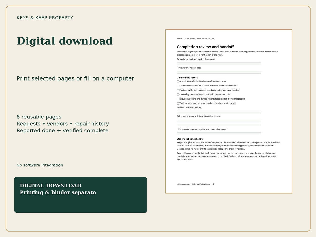 Maintenance Request Form and Work Order Kit | Landlord Repair Log and Follow-Up | Fillable PDF + Editable Word