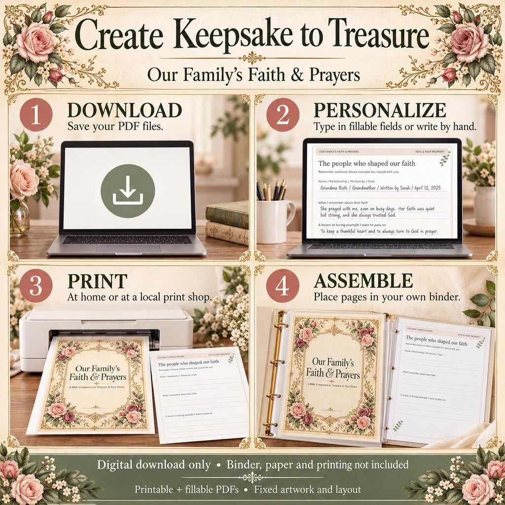 Family Faith and Prayer Keepsake Journal | Victorian Bible Companion | 26-Page Printable and Fillable PDF