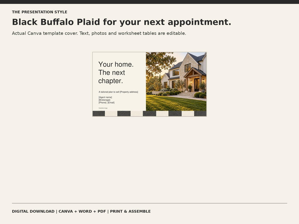 Black buffalo plaid listing presentation cover with a house photo and Your home. The next chapter. text.
