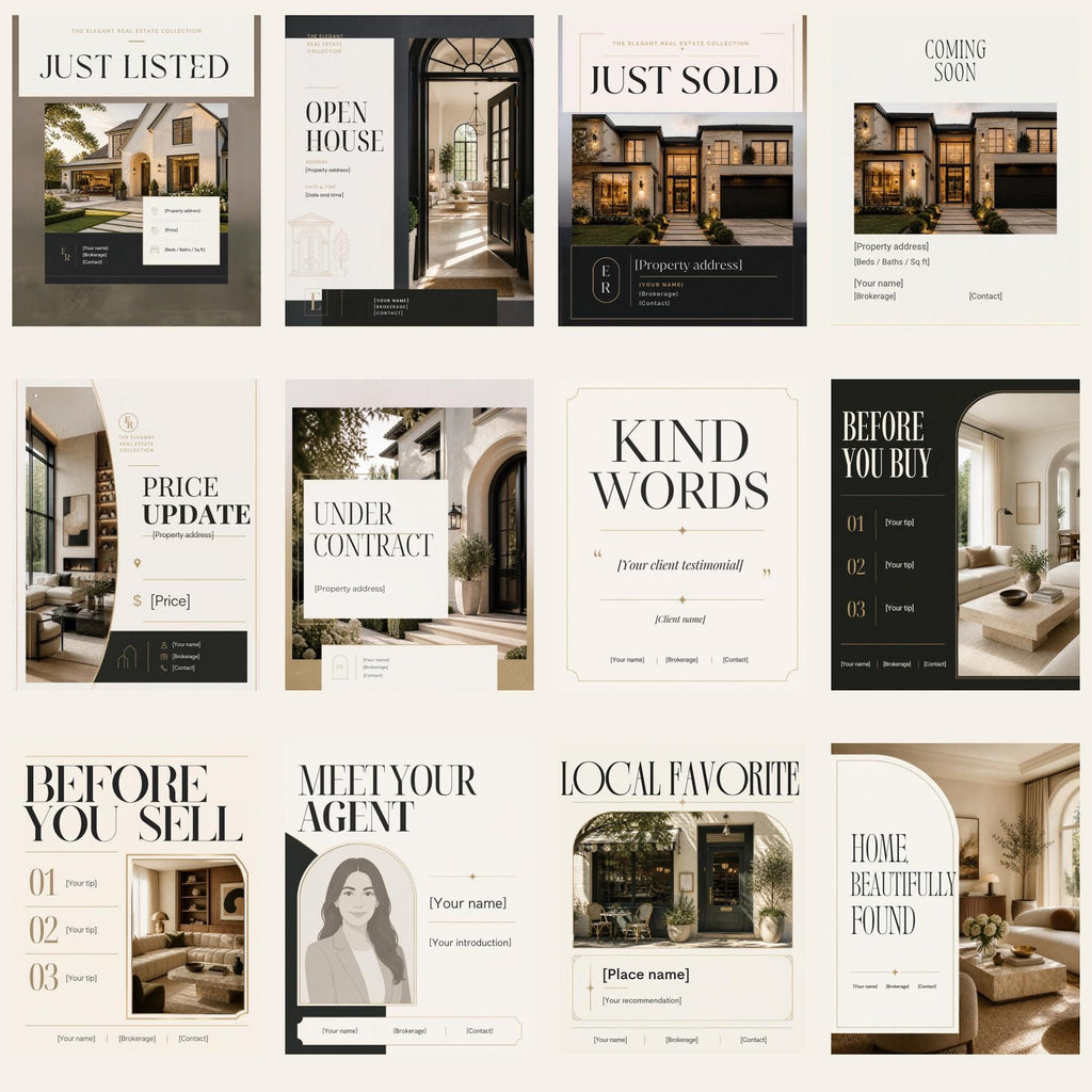 Grid of 12 cream, black, and gold real estate post templates for listings, testimonials, tips, and agent introductions.
