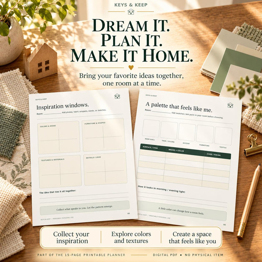 Inspiration windows and color-palette worksheet previews on a wooden table with fabric swatches and paint cards.