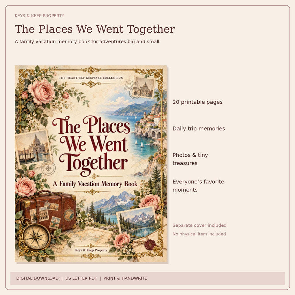 The Places We Went Together travel-collage cover beside highlights for daily trip memories, photos, and favorite moments.