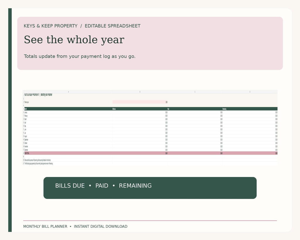 Monthly bill planner yearly spreadsheet summary with bills due, paid, and remaining columns beneath See the whole year.