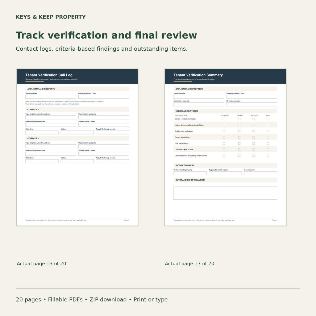 Tenant Screening Packet | 20-Page Fillable PDFs + Editable Word Applicant Handout