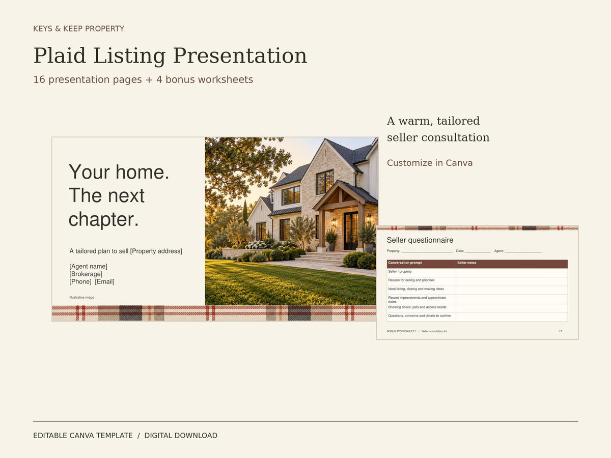 Real Estate Listing Presentation Canva Template | Warm Plaid Seller Consultation + 4 Worksheets