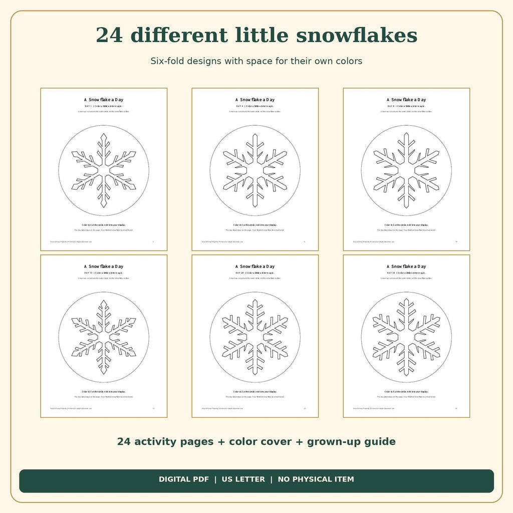 Christmas Snowflake Countdown Printable | 24 Color and Hang Snowflakes, Easy Cut Circles | 26-Page PDF