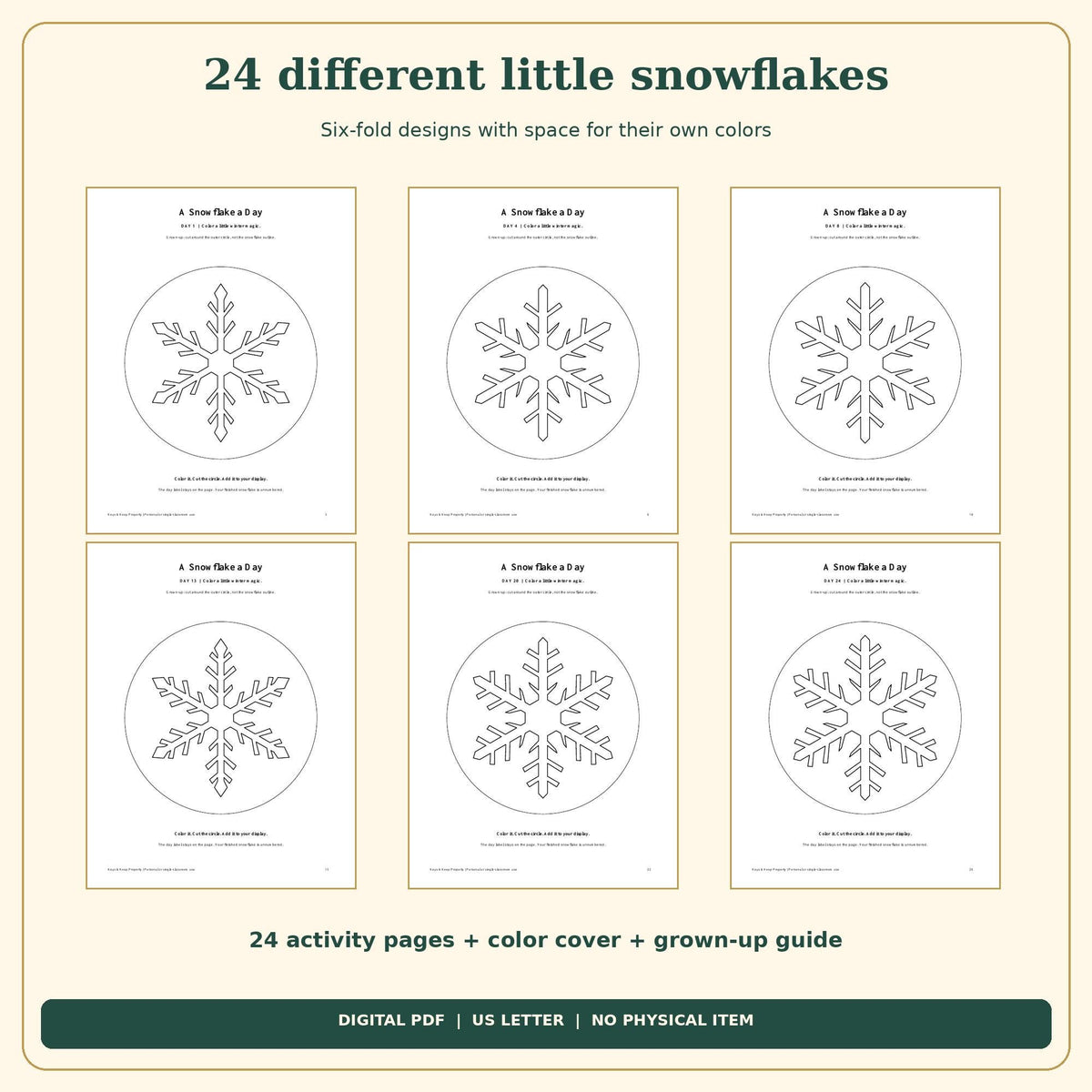 Christmas Snowflake Countdown Printable | 24 Color and Hang Snowflakes, Easy Cut Circles | 26-Page PDF
