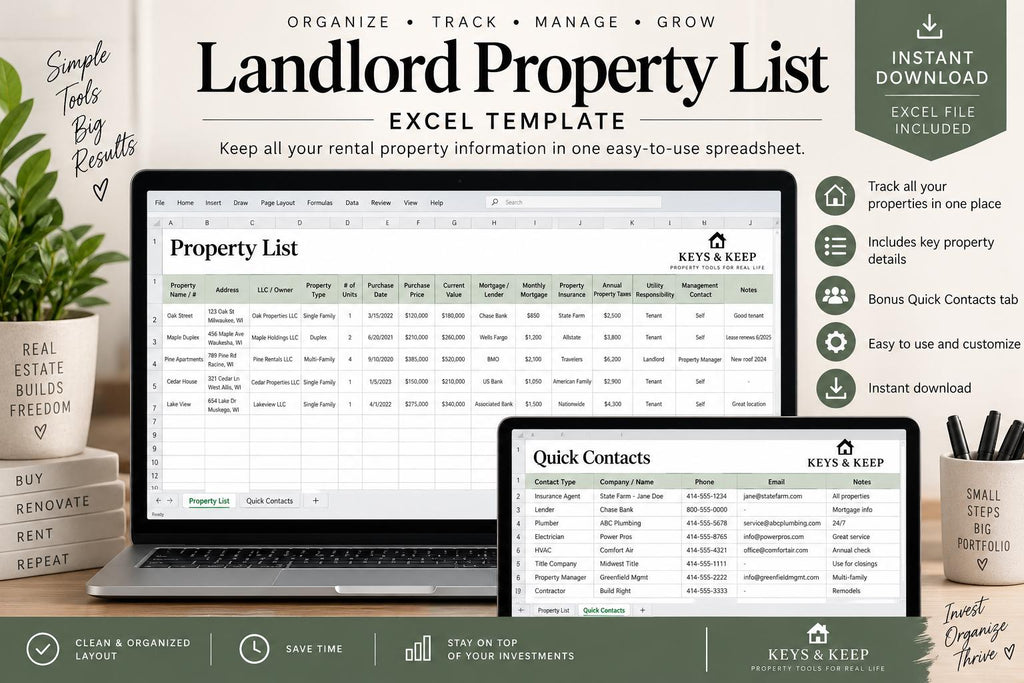 Rental Property Organizer | Excel + Google Sheets Property List and Vendor Contact Spreadsheet