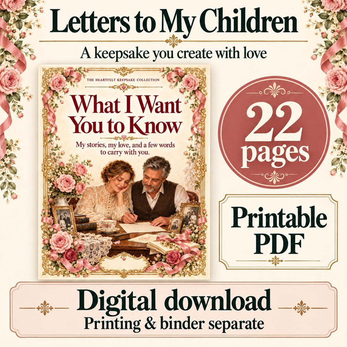 Letters to My Children Printable Journal | Parent Memories, Life Stories and Keepsake Letters | 22-Page PDF