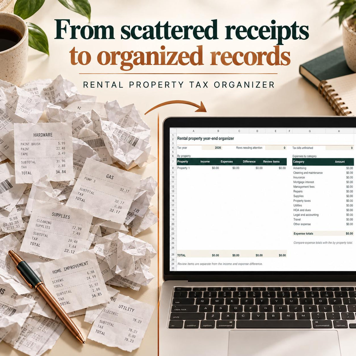 Rental Property Tax Organizer | Excel + Google Sheets Tracker for Expenses, Escrow & Tax Bill Increases