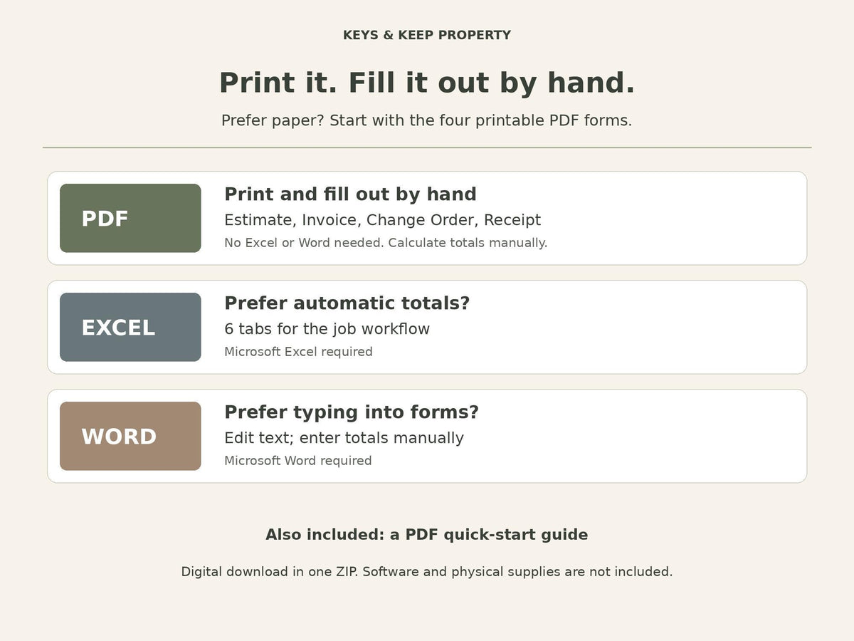 Contractor Estimate Template and Invoice Kit | Excel + Google Sheets, Editable Word Forms and Printable PDF