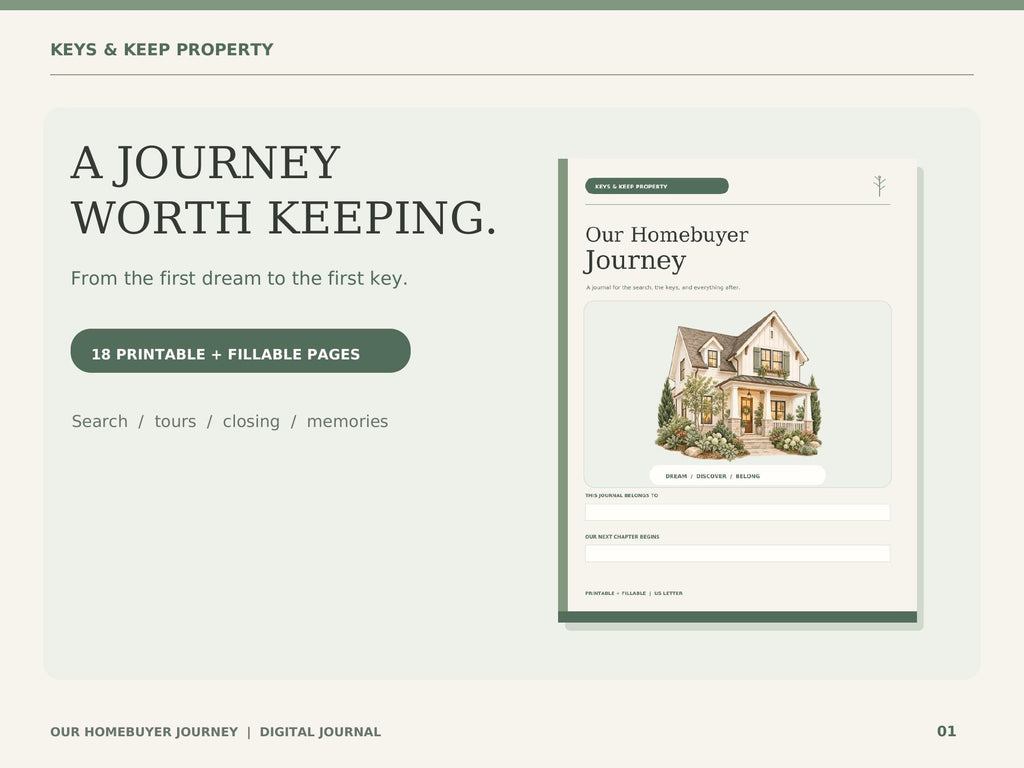 Homebuyer Journey Journal | 18-Page Printable & Fillable PDF | House Hunting Memory Book