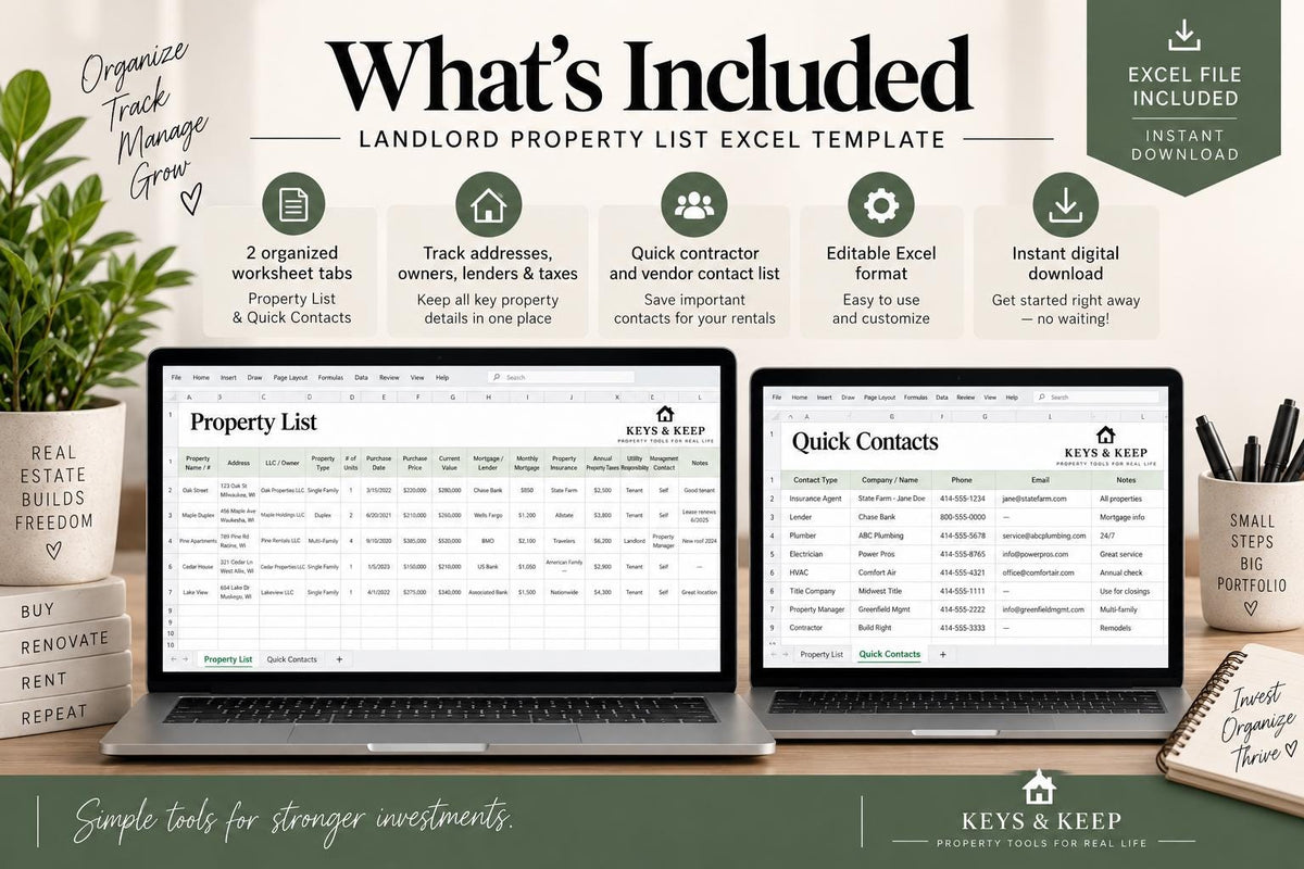 Rental Property Organizer | Excel + Google Sheets Property List and Vendor Contact Spreadsheet