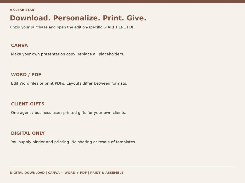 Warm Plaid bundle instructions for downloading, personalizing, printing, and giving real estate client gifts.