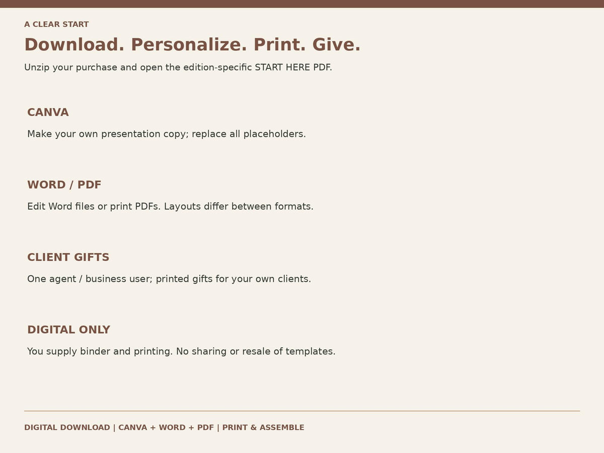 Warm Plaid bundle instructions for downloading, personalizing, printing, and giving real estate client gifts.