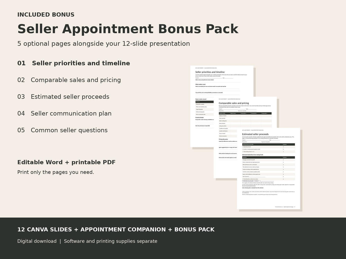 Real Estate Listing Presentation Canva Template, 2 Styles with Seller Forms & Property Sheet