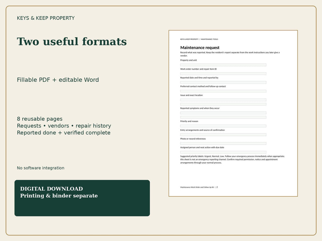 Maintenance Request Form and Work Order Kit | Landlord Repair Log and Follow-Up | Fillable PDF + Editable Word