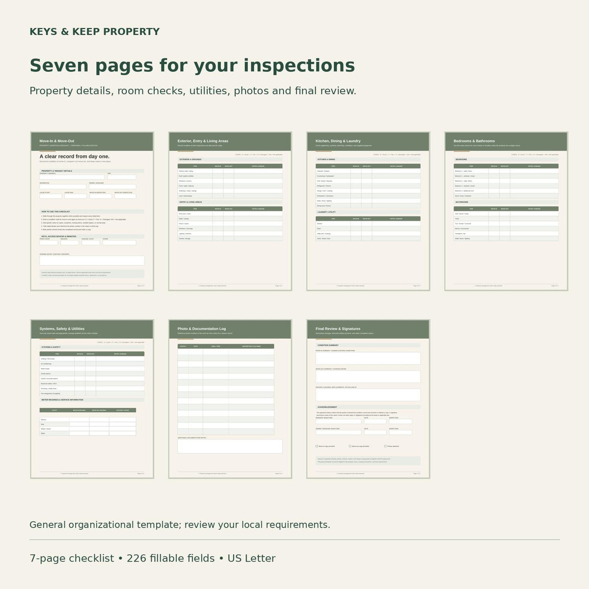 Move-In Move-Out Inspection Checklist | 7-Page Fillable PDF + Editable Word