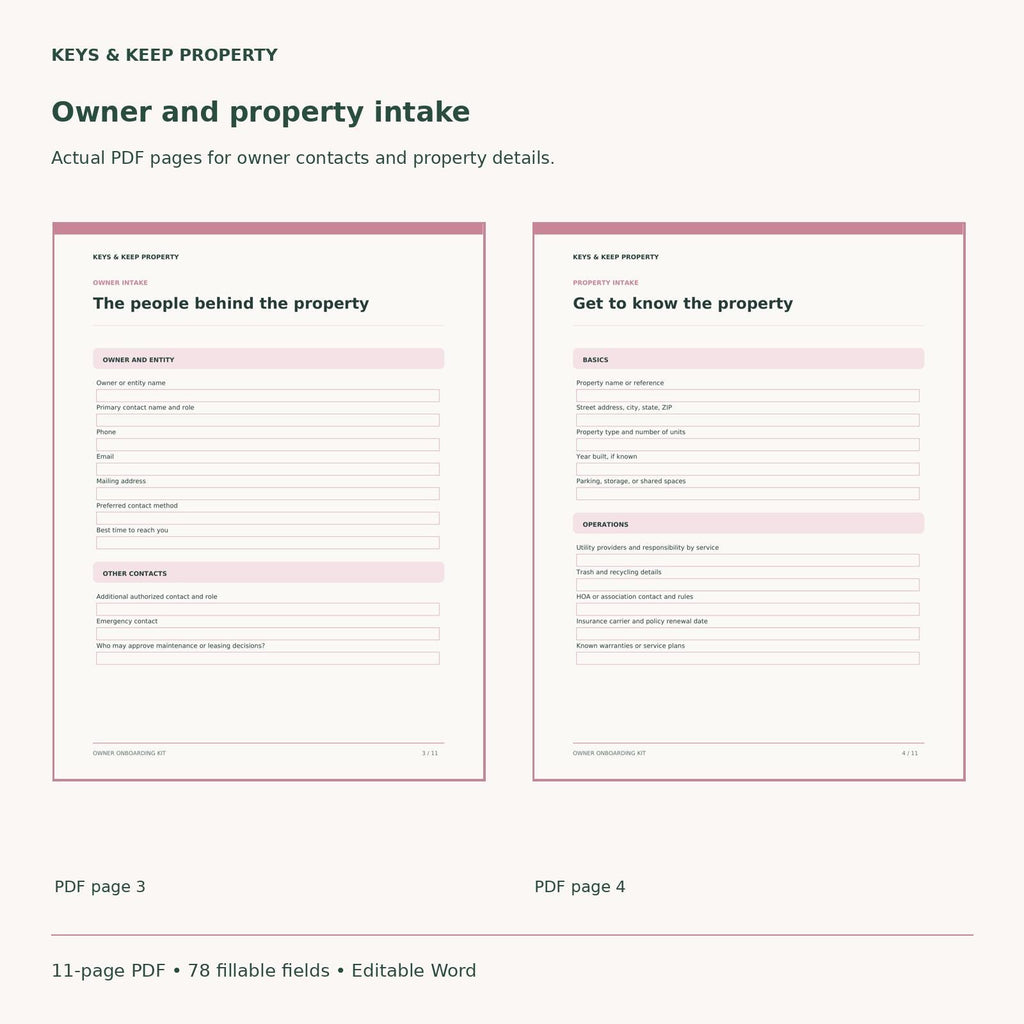 Property Management Onboarding Kit | Owner Intake Forms and Handoff Checklist | Fillable PDF + Editable Word