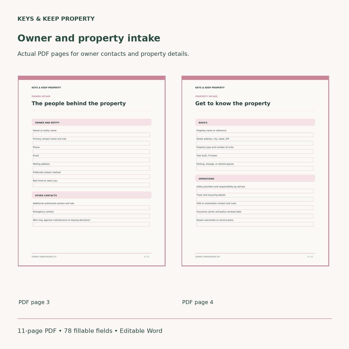 Property Management Onboarding Kit | Owner Intake Forms and Handoff Checklist | Fillable PDF + Editable Word