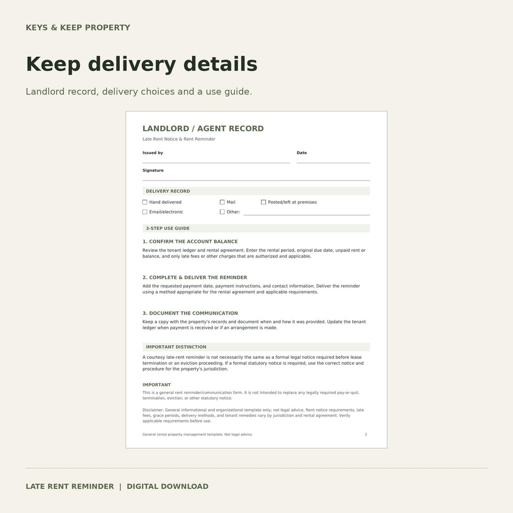 Late Rent Reminder Form | 2-Page Printable & Fillable PDFs, Landlord Balance Notice
